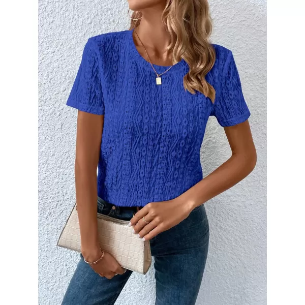 SweatyRocks Women's Eyelet Embroidery Short Sleeve Tops Shirts Solid Crewneck Retro Plain Casual Holiday T-Shirts
