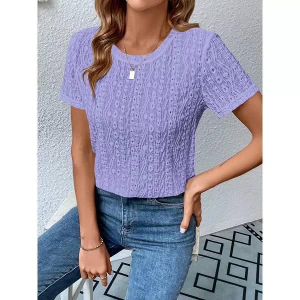 SweatyRocks Women's Eyelet Embroidery Short Sleeve Tops Shirts Solid Crewneck Retro Plain Casual Holiday T-Shirts