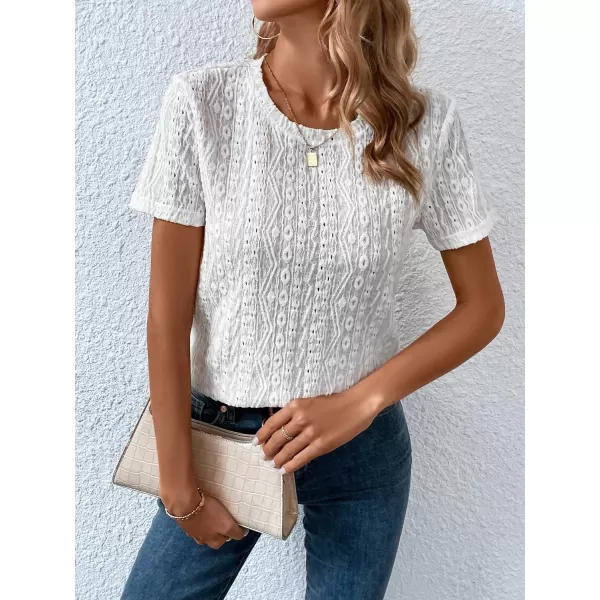 SweatyRocks Women's Eyelet Embroidery Short Sleeve Tops Shirts Solid Crewneck Retro Plain Casual Holiday T-Shirts