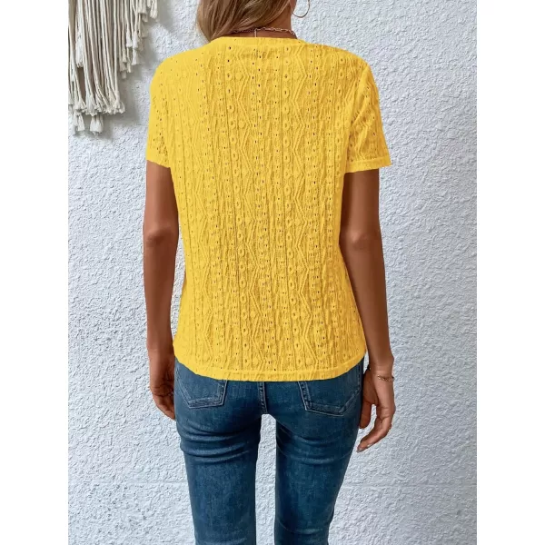 SweatyRocks Women's Eyelet Embroidery Short Sleeve Tops Shirts Solid Crewneck Retro Plain Casual Holiday T-Shirts