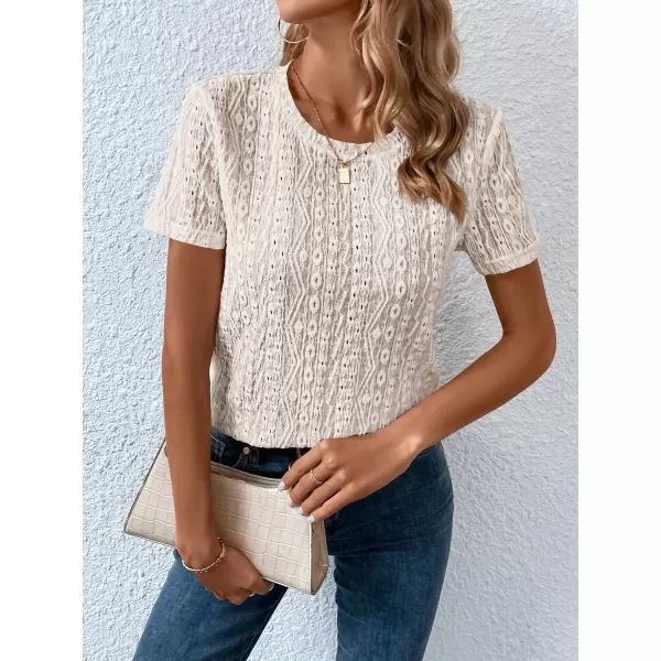 SweatyRocks Women's Eyelet Embroidery Short Sleeve Tops Shirts Solid Crewneck Retro Plain Casual Holiday T-Shirts