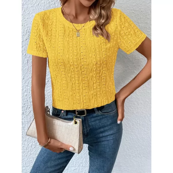 SweatyRocks Women's Eyelet Embroidery Short Sleeve Tops Shirts Solid Crewneck Retro Plain Casual Holiday T-Shirts