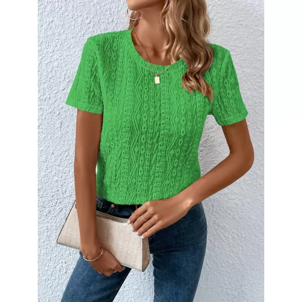 SweatyRocks Women's Eyelet Embroidery Short Sleeve Tops Shirts Solid Crewneck Retro Plain Casual Holiday T-Shirts
