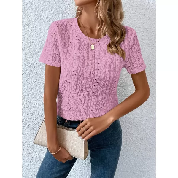 SweatyRocks Women's Eyelet Embroidery Short Sleeve Tops Shirts Solid Crewneck Retro Plain Casual Holiday T-Shirts