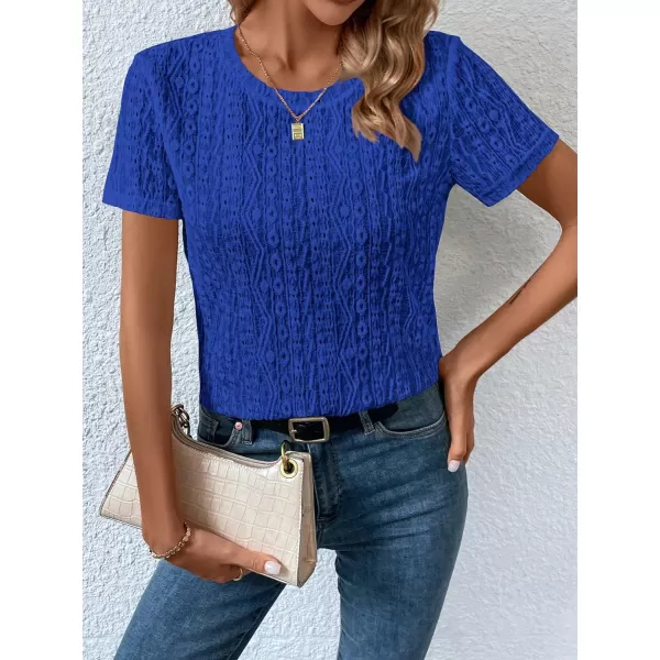 SweatyRocks Women's Eyelet Embroidery Short Sleeve Tops Shirts Solid Crewneck Retro Plain Casual Holiday T-Shirts