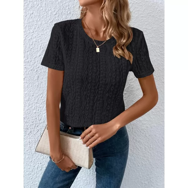SweatyRocks Women's Eyelet Embroidery Short Sleeve Tops Shirts Solid Crewneck Retro Plain Casual Holiday T-Shirts