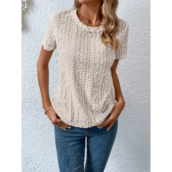 SweatyRocks Women's Eyelet Embroidery Short Sleeve Tops Shirts Solid Crewneck Retro Plain Casual Holiday T-Shirts