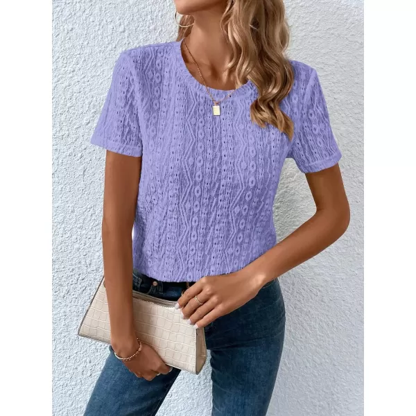 SweatyRocks Women's Eyelet Embroidery Short Sleeve Tops Shirts Solid Crewneck Retro Plain Casual Holiday T-Shirts