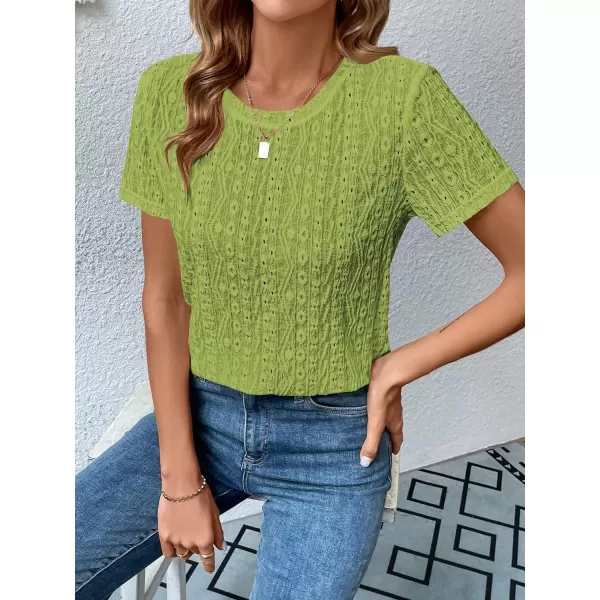SweatyRocks Women's Eyelet Embroidery Short Sleeve Tops Shirts Solid Crewneck Retro Plain Casual Holiday T-Shirts