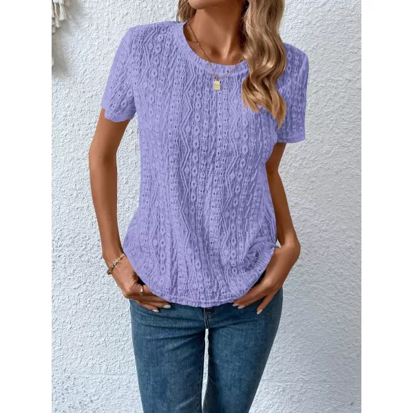 SweatyRocks Women's Eyelet Embroidery Short Sleeve Tops Shirts Solid Crewneck Retro Plain Casual Holiday T-Shirts