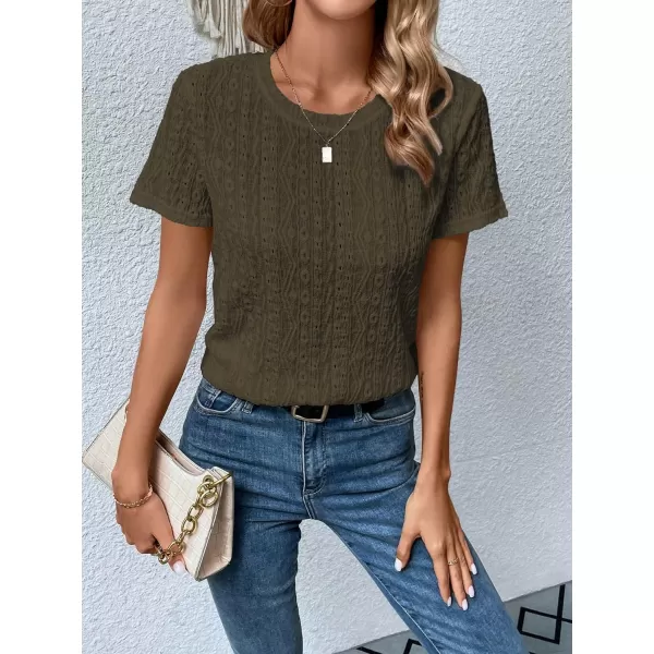 SweatyRocks Women's Eyelet Embroidery Short Sleeve Tops Shirts Solid Crewneck Retro Plain Casual Holiday T-Shirts