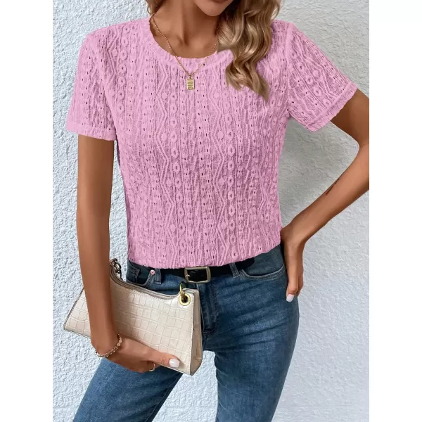 SweatyRocks Women's Eyelet Embroidery Short Sleeve Tops Shirts Solid Crewneck Retro Plain Casual Holiday T-Shirts