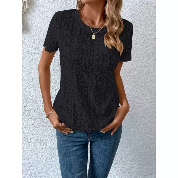 SweatyRocks Women's Eyelet Embroidery Short Sleeve Tops Shirts Solid Crewneck Retro Plain Casual Holiday T-Shirts