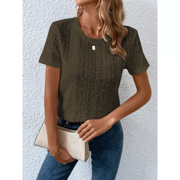 SweatyRocks Women's Eyelet Embroidery Short Sleeve Tops Shirts Solid Crewneck Retro Plain Casual Holiday T-Shirts