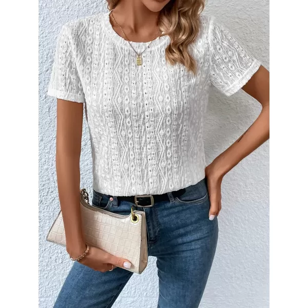 SweatyRocks Women's Eyelet Embroidery Short Sleeve Tops Shirts Solid Crewneck Retro Plain Casual Holiday T-Shirts