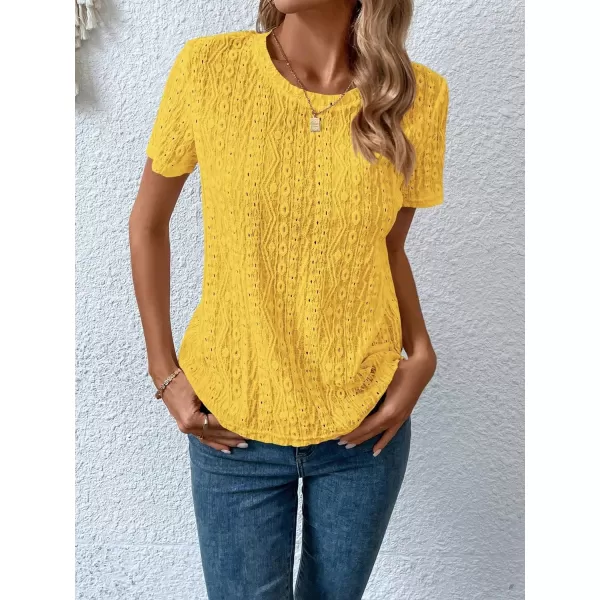 SweatyRocks Women's Eyelet Embroidery Short Sleeve Tops Shirts Solid Crewneck Retro Plain Casual Holiday T-Shirts