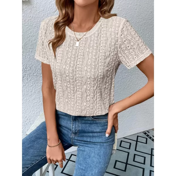 SweatyRocks Women's Eyelet Embroidery Short Sleeve Tops Shirts Solid Crewneck Retro Plain Casual Holiday T-Shirts