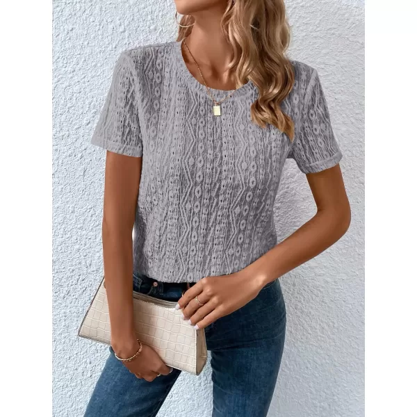 SweatyRocks Women's Eyelet Embroidery Short Sleeve Tops Shirts Solid Crewneck Retro Plain Casual Holiday T-Shirts