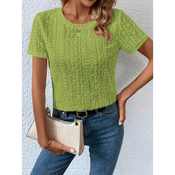 SweatyRocks Women's Eyelet Embroidery Short Sleeve Tops Shirts Solid Crewneck Retro Plain Casual Holiday T-Shirts