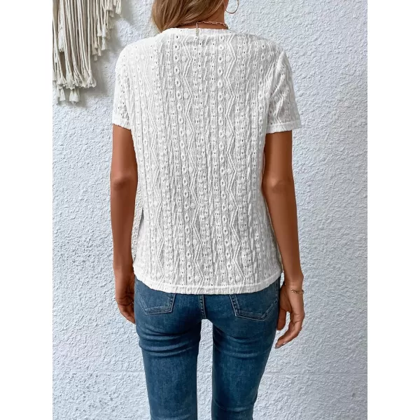 SweatyRocks Women's Eyelet Embroidery Short Sleeve Tops Shirts Solid Crewneck Retro Plain Casual Holiday T-Shirts