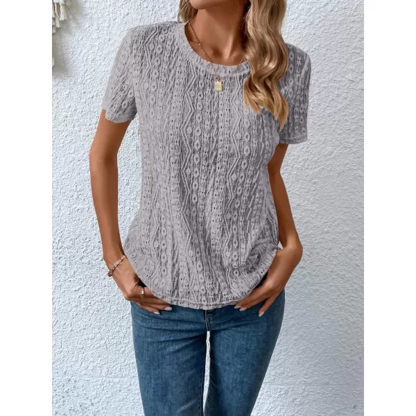 SweatyRocks Women's Eyelet Embroidery Short Sleeve Tops Shirts Solid Crewneck Retro Plain Casual Holiday T-Shirts