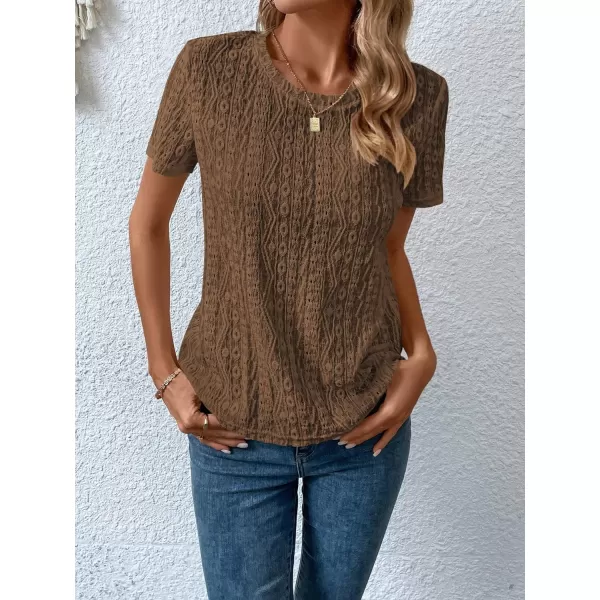 SweatyRocks Women's Eyelet Embroidery Short Sleeve Tops Shirts Solid Crewneck Retro Plain Casual Holiday T-Shirts