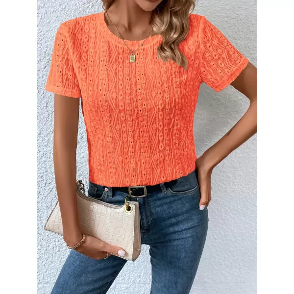 SweatyRocks Women's Eyelet Embroidery Short Sleeve Tops Shirts Solid Crewneck Retro Plain Casual Holiday T-Shirts