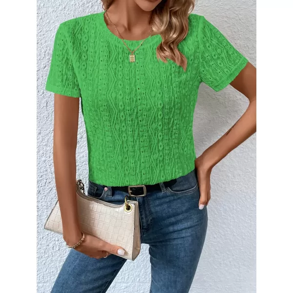 SweatyRocks Women's Eyelet Embroidery Short Sleeve Tops Shirts Solid Crewneck Retro Plain Casual Holiday T-Shirts