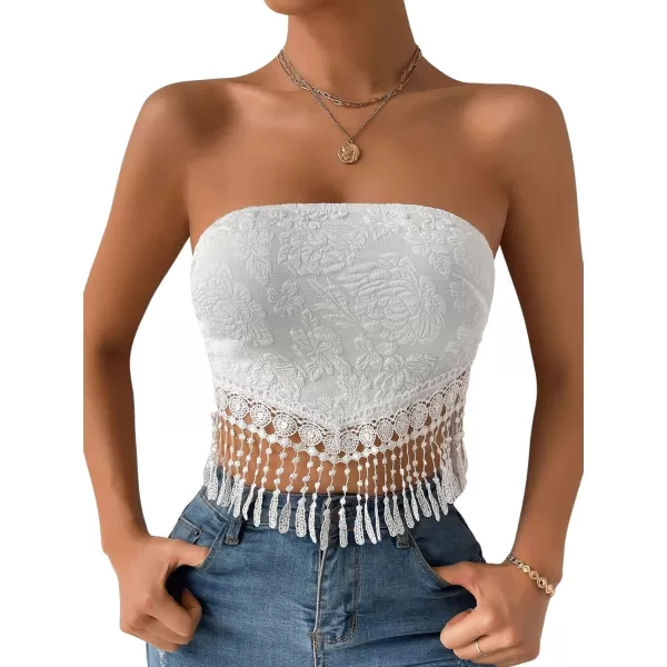 SweatyRocks Women's Floral Fringe Hem Strapless Crop Top Sleeveless Tie Back Bandeau Tube Top