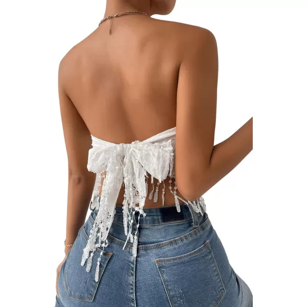 SweatyRocks Women's Floral Fringe Hem Strapless Crop Top Sleeveless Tie Back Bandeau Tube Top
