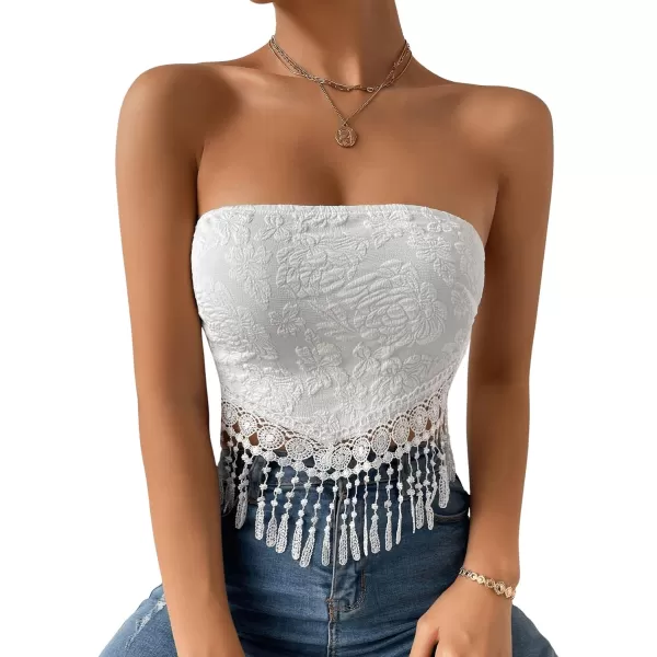SweatyRocks Women's Floral Fringe Hem Strapless Crop Top Sleeveless Tie Back Bandeau Tube Top