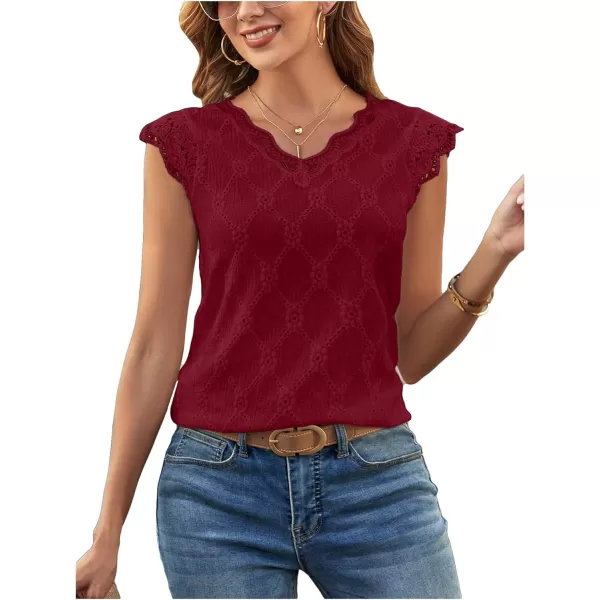 SweatyRocks Women's Floral Lace Scallop Trim Cap Sleeve Eyelet Embroidery V Neck Tee Shirt