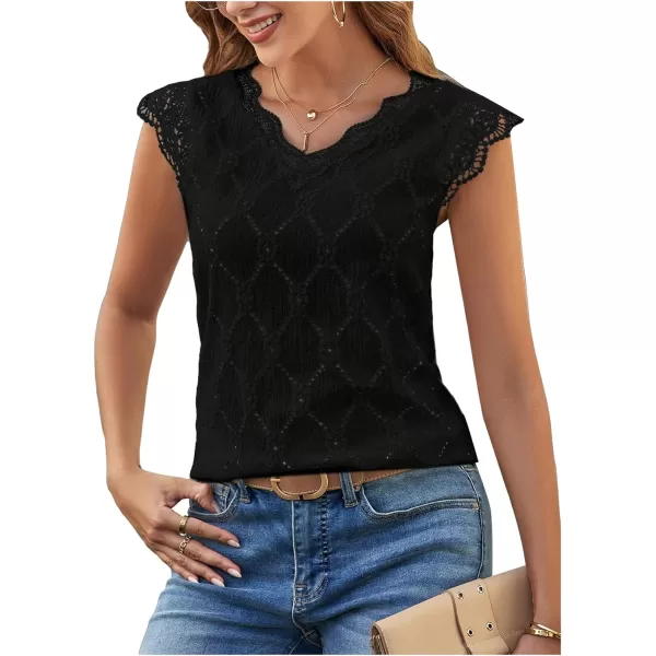 SweatyRocks Women's Floral Lace Scallop Trim Cap Sleeve Eyelet Embroidery V Neck Tee Shirt