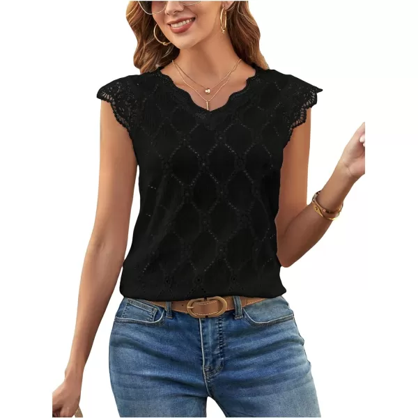 SweatyRocks Women's Floral Lace Scallop Trim Cap Sleeve Eyelet Embroidery V Neck Tee Shirt