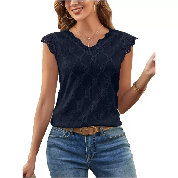 SweatyRocks Women's Floral Lace Scallop Trim Cap Sleeve Eyelet Embroidery V Neck Tee Shirt