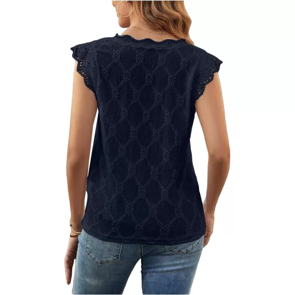 SweatyRocks Women's Floral Lace Scallop Trim Cap Sleeve Eyelet Embroidery V Neck Tee Shirt
