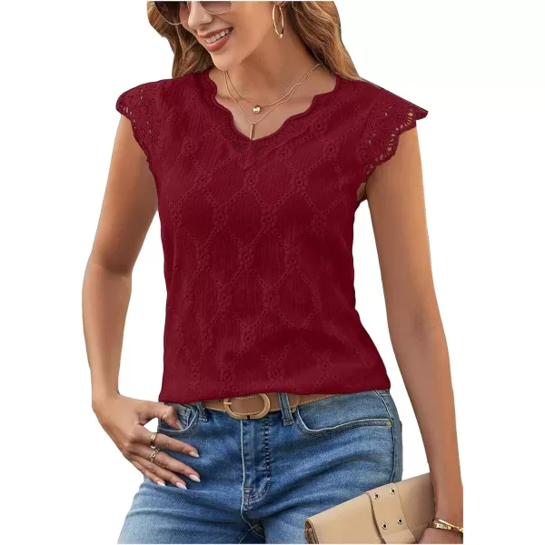 SweatyRocks Women's Floral Lace Scallop Trim Cap Sleeve Eyelet Embroidery V Neck Tee Shirt