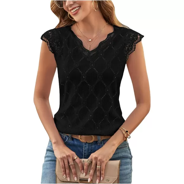 SweatyRocks Women's Floral Lace Scallop Trim Cap Sleeve Eyelet Embroidery V Neck Tee Shirt