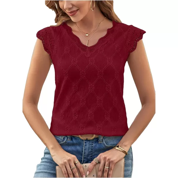 SweatyRocks Women's Floral Lace Scallop Trim Cap Sleeve Eyelet Embroidery V Neck Tee Shirt