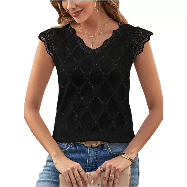 SweatyRocks Women's Floral Lace Scallop Trim Cap Sleeve Eyelet Embroidery V Neck Tee Shirt