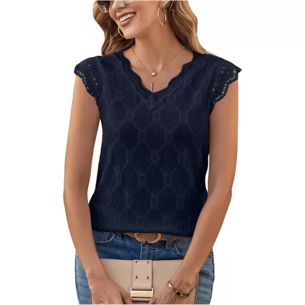 SweatyRocks Women's Floral Lace Scallop Trim Cap Sleeve Eyelet Embroidery V Neck Tee Shirt