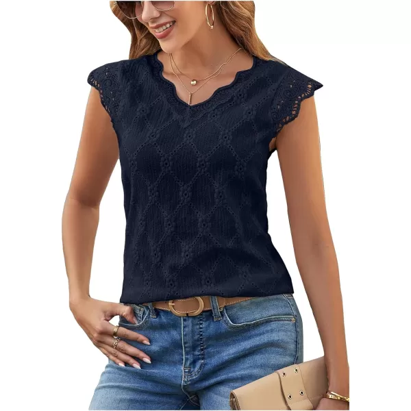 SweatyRocks Women's Floral Lace Scallop Trim Cap Sleeve Eyelet Embroidery V Neck Tee Shirt