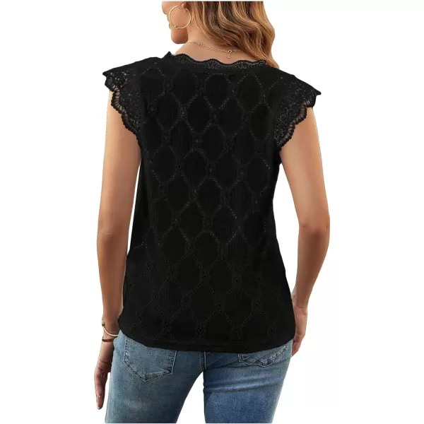 SweatyRocks Women's Floral Lace Scallop Trim Cap Sleeve Eyelet Embroidery V Neck Tee Shirt