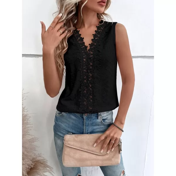 SweatyRocks Women's Floral Lace V Neck Tank Top Casual Hollow Out Sleeveless T Shirt