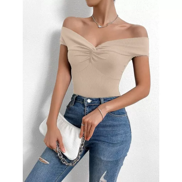 SweatyRocks Women's Off Shoulder Twist Front Ribbed Knit Short Sleeve Tops Casual Elegant Slim Fit Tee Shirts