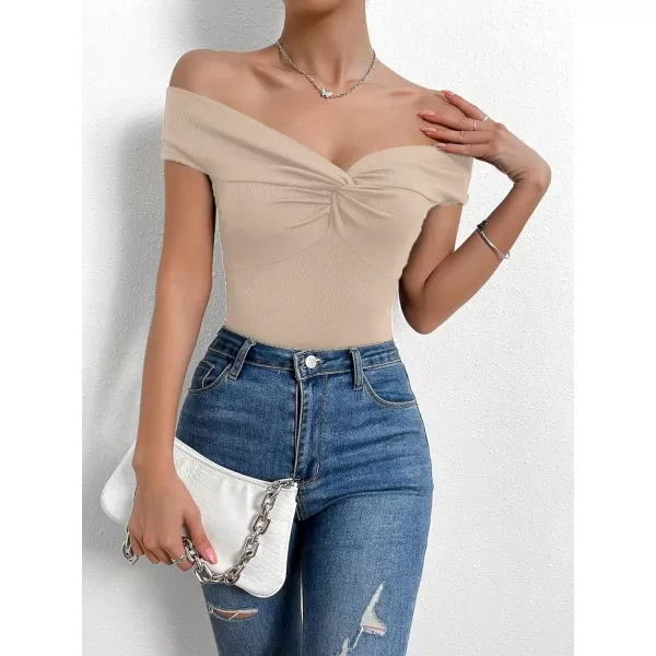 SweatyRocks Women's Off Shoulder Twist Front Ribbed Knit Short Sleeve Tops Casual Elegant Slim Fit Tee Shirts