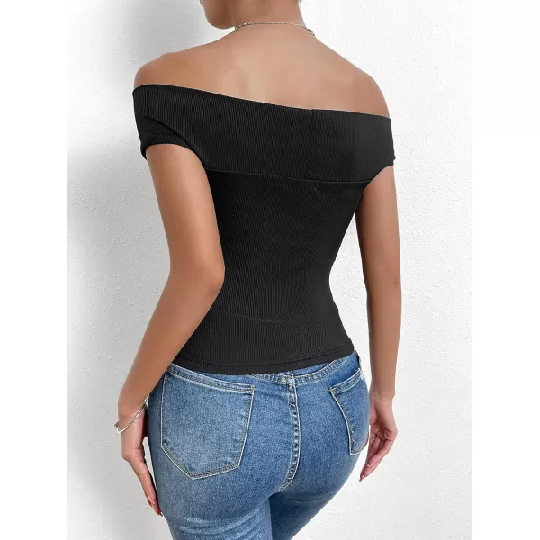 SweatyRocks Women's Off Shoulder Twist Front Ribbed Knit Short Sleeve Tops Casual Elegant Slim Fit Tee Shirts