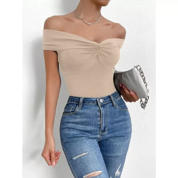 SweatyRocks Women's Off Shoulder Twist Front Ribbed Knit Short Sleeve Tops Casual Elegant Slim Fit Tee Shirts