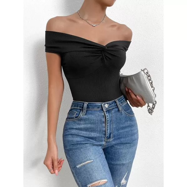 SweatyRocks Women's Off Shoulder Twist Front Ribbed Knit Short Sleeve Tops Casual Elegant Slim Fit Tee Shirts