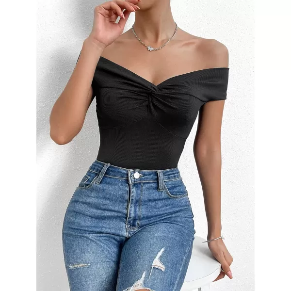 SweatyRocks Women's Off Shoulder Twist Front Ribbed Knit Short Sleeve Tops Casual Elegant Slim Fit Tee Shirts